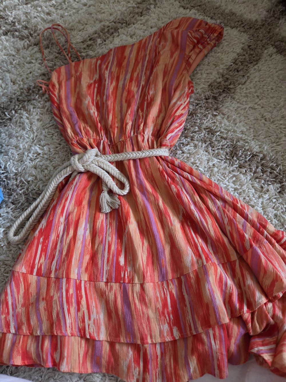 One-Shoulder Coral Multi-Stripe Summer Dress